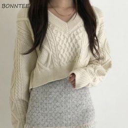 Women's Sweaters Crop Pullovers Women Harajuku Lace Up Sexy V-Neck Simple White Preppy Girls Sweaters Jumpers Elegant Knit Batwing Sleeve Spring 230306