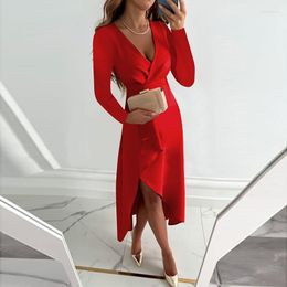 Casual Dresses Mandylandy Women Elegant Autumn Satin Evening Dress Fashion Female Sexy Long Sleeve V Neck High Waist Corset Irregular