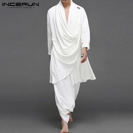 Men's Tracksuits INCERUN Solid Colour Men Sets Cotton Streetwear Turtleneck Long Sleeve Irregular Cloak Coats Drop Crotch Pants Vintage Mens Suits 230303