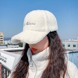 Ball Caps Lamb Wool Baseball Cap Letter Embroidery Women Sun Hat Lady Girls Outdoor Warm Winter Spring Plush Caps 230306