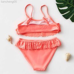 One-Pieces New Arrival 4~14Y Teenager Girls Swimsuit Solid color Children Swimwear Two pieces Girls Swimming outfit Kids Bikini Set W0310