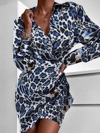 Robes décontractées 2023 Robe enveloppe de gaine d'automne Bohemian Femmes Office Elegant Vestidos Sexy Leopard Print Bodycon Long Mini DRSS