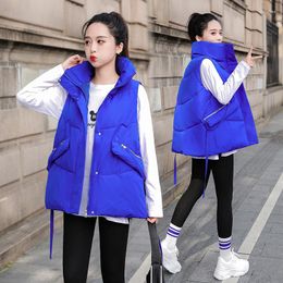 Women's Vests Fashion Stand Collar Simple Women Elegant Side Pockets Coats Pink Blue Black Solid Straight Long Ladies