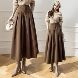 Skirts 2023 Autumn Winter Woollen Long Women Fashion High Waist A-line Pleated Skirt Ladies Wool Vintage Maxi