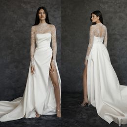 Abiti da sposa eleganti a trapezio Collo alto Pittura di fiori Abito da corte con maniche lunghe spaccate sul lato alto Abito da sposa su misura Plus Size Abiti da sposa