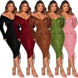 Casual Dresses 2023 Shirring Dress Women Off Shoulder Slim Sexy Deep V Neck Bodycon Elegant Birthday Party Clubwear
