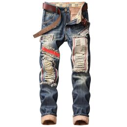 Erkekler Kotlar Men Kış Sıcak Polar Patchwork Düz denim delikleri yırtık yamalar uzun pantolon artı pantolonun boyutu