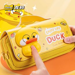 Pencil Bags Decompression Pencil Case for Girls Big Leather Canvas Cute Anime Pig Duck Pen Box Pouch Bag School Supplies Kawaii Stationery J230306