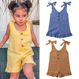 Jumpsuits 16Y Baby Girl Cotton Linen Clothes Girls Ruffle Romper Kids Jumpsuit Summer Sleeveless Button Overalls Outfits 230303