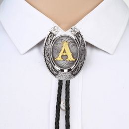 Bow Ties Vintage Gold Letter ABCDEFG-Z U shape bolo tie for man Indian cowboy western cowgirl leather rope zinc alloy necktie 230306