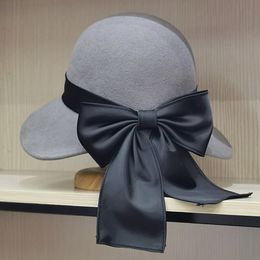 Stingy Brim Hats Winter Cloche Round Hat for Women Wool Fedora Hats Warm Wide Bim Floppy Ribbon Bowknot Hat Church Dress Felt Bucket Hat 230306