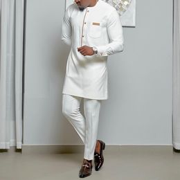 Men's Tracksuits White Kaftan 2 Piece Sets Men's Suit Button Crew Neck Pockets Long Sleeve Top and Pants Wedding Ethnic Style Outfit Clothing 230306