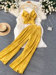 Women s Two Piece Pants Summer Women Solid Sexy Holiday Suit Female Spaghetti Strap Tops High Waist Long Set 230303