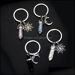 Keychains Lanyards Alloy Sun Moon Charms Keychain Natural Stone Hexagonal Pillar Couple Keyrings Women Rose Quartz Key Chains Trin Dhyt3