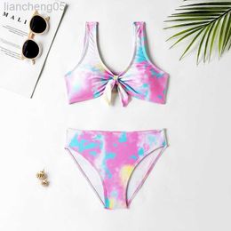 One-Pieces Tie-dyed Bandage Baby Kids Bikini Set 2022 Gradient Print Children Girls Kids Swimwear Swimsuit Baby Girl Biquini Infantil W0310