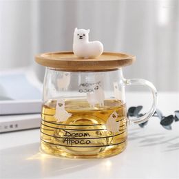 Wine Glasses Nordic Cute 3D Alpaca Glass Mug With Bamboo Lid Heat Resistant Transparent Office Milk Coffee Tea Breakfast Cup Drinkware Gifts