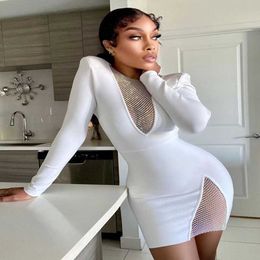 Casual Dresses 2021 New Summer New Women's Sexy Vneck Mesh Diamond Long Sleeve Bodycon Bandage Dress Fashion Celebrity Party Dress vestido Z0216