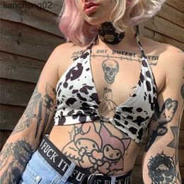 Women's Knits Tees Backless Women's Sexy Crop Tops Summer Camis Milk Cow Print V-Neck Sleeveless Sling Vest Metal Ring Girls T-shirt Clubwear Y2k W0306