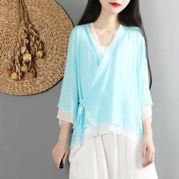 Ethnic Clothing Women Linen Shirt Tops Chinese Style Vintage Retro Cardigan Coat Fairy Tai Chi Tang Suit Breathable Casual Hanfu 12946