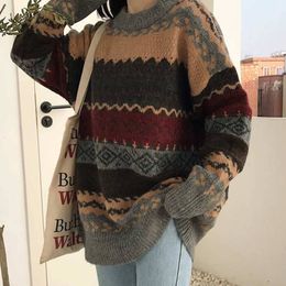 Women's Sweaters Vintage Sweater Women Knitted Pullovers Winter Striped Jumper Casual Oversized Sweaters Ladies Long Sleeve Knitwear Warm Tops 230306