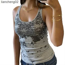 Women's Knits Tees Women's Summer Skinny Crop Tops Grey Sleeveless O Neck Stars Print Rhinestone Vest Female T-shirt Tops For Women Streetwear Y2k W0306