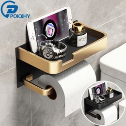 Toilet Paper Holders Black Golden Paper Holder Wall Mounted Bathroom Accessories Phone Rack Toilet Shelf Space Aluminum Towel Rack Tissue Boxes Black 230303