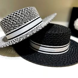 Double Lines White Ribbon Straw Hats Women Stripe Shiny Flat Top Cap Lady Seaside Sun Shade Wide Brim Hats