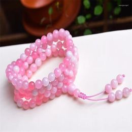 Strand Natural Stone Pink Peach Chalcedony Smooth Round Bracelet Jewelry Crystal Quartz 108 Buddha Beads