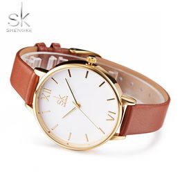 Shengke Brand Women Watches Simple Leather Wristwatch Lady Gold Luxury Dial Watches Mixmatch Relogio Feminino Brown Leather 2017205x