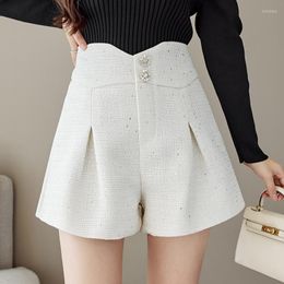 Shorts femininos outono de alta qualidade feminino primavera de lã de inverno moda preta padrão sólido cintura twin tweed calças curtas