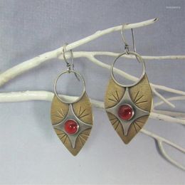 Dangle Earrings Vintage Round Red Stone Leaf Hook Drop Large Hollow Out Two Tone Metal Carved Long For Women Jewelry