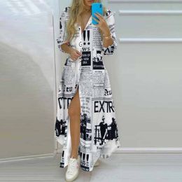 Casual Dresses Women Boho Shirt Dress Summer Turn-down Collar Single Breasted Button Irregular Long Dress Female Sexy Letter Print Maxi Dresses 230303