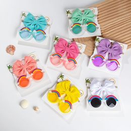 birthday ribbon 2pcs/set Wide Nylon Headband and Rainbow Sunglasses Set Children Bowknot Headwear Set Nylon Turban Cute Sun Glasses Accessories