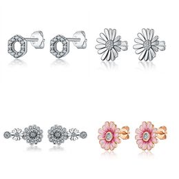 925 Silver Fit Pandora Earrings Crystal Fashion women Jewelry Gift Ear Studs Diy Flower Pink Daisy Clear Crystal