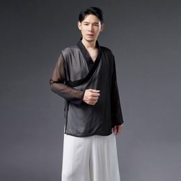 Men's Casual Shirts Men Clothing 2023 Black Chinese Style Chiffon Hanfu Jacket Stand-up Collar Youth Cotton Linen Camisas Para Hombre