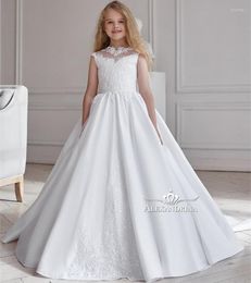 Girl Dresses Elegant Satin Flower For Wedding Cap Sleeve Princess Lace Appliqued Beading First Communion Gowns Birthday Dress