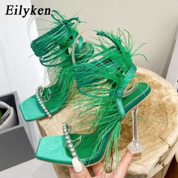 Sandal New Design Womens Sandals Fashion Fuzzy Feather Summer Transparent High Heels Sexy Nightclub Stripper Shoes Purple Green 230302