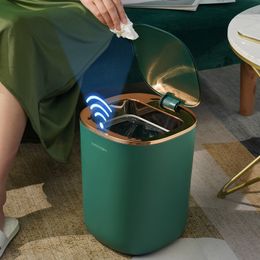 Waste Bins 12L Nordic Luxury Intelligent Trash Can Induction Automatic Sensor Smart Sensor Garbage Bin With Lid Household Rubbish Can 230306