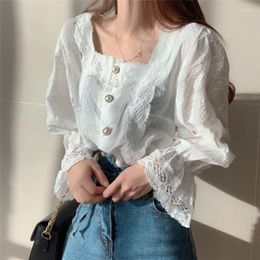 Women's Blouses Korea Chic Shirt Vintage Hollow Flower Women Lace Clothes Square Collar Long Flare Sleeve Shirts Blusas Pearl Button Tops