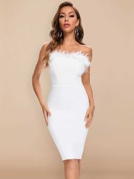 Casual Dresses BEAUKEY 2020 New White Sexy Women HL Bandage Dresses Bodycon Slash Feathers Club Black Strapless Celebrity Vestido Knee Length Z0216