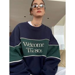 Women's Hoodies Sweatshirts Vintage Green Colour Block American Letter Embroidery Sweatshirt O-neck Oversized Pullover Winter Clothes Women Korean Fashion 230303