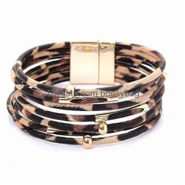 Chain Leopard Leather Bracelets For Women Mtilayer Pu Wide Wrap Bracelet Wristband Cuff Bangle With Magnetic Buckle Jewellery Drop Deli Dhxdy