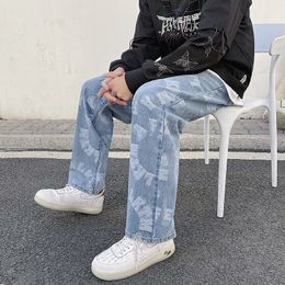 Men's Jeans Jacquard Jeans Blue Mens Loose Straight Leg Long Pants Streetwear Baggy Denim Clothing Graphic Streetwear Baggy 230303