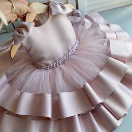 Girl's Dresses 2023 Flower Girl Princess Ball Gowns for Baby Girls Children Sleeveless Beading Layered Dress Infant 1st Birthday Party Clothes