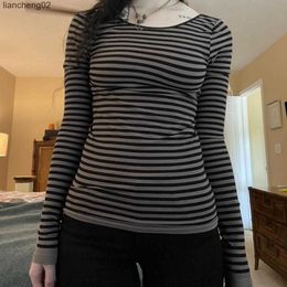 Women's Knits Tees Womens Round Neck Tank Tops Casual Long Sleeve Open Back Striped Print Slim Fit T-Shirts Streetwear Warm Autumn Clothes Y2k W0306