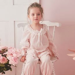 Pyjamas Children Nightwear Girl Princess Pink Pyjama Set.Lace TopsPants.Vintage Toddler Kid Lace Pyjamas Set.Royal Style Sleepwear 230306