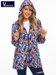 Women's Jackets Vangull Fashion Floral Print Blue Hooded Jacket Women Long Sleeve Drawstring Basic Outwear Female Windbreaker Zipper Coats