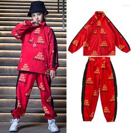 Стадия носить китайский стиль красный толстовка наряды детская хип -хоп одежда джазовый танец костюмы девочки мальчики современная одежда SL4566