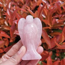 Decorative Figurines 3" Natural Rose Quartz Crystal Carved Gemstone Peace Angel Pocket Guardian Healing Statue