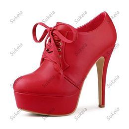 Sukeia Handmade Women Platform Pumps Round Toe Lace Up Sexy Stiletto Heels Red Banquet Party Shoes Ladies Plus US Size 5-20